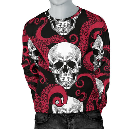 Red Octopus Skull Pattern Print Men's Crewneck Sweatshirt GearFrost