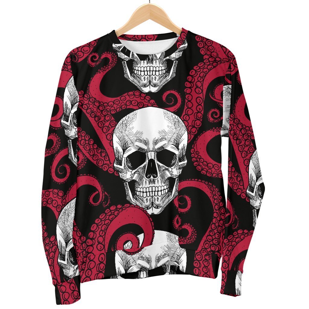 Red Octopus Skull Pattern Print Men's Crewneck Sweatshirt GearFrost