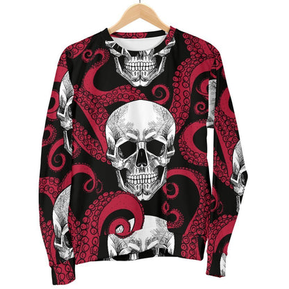 Red Octopus Skull Pattern Print Men's Crewneck Sweatshirt GearFrost