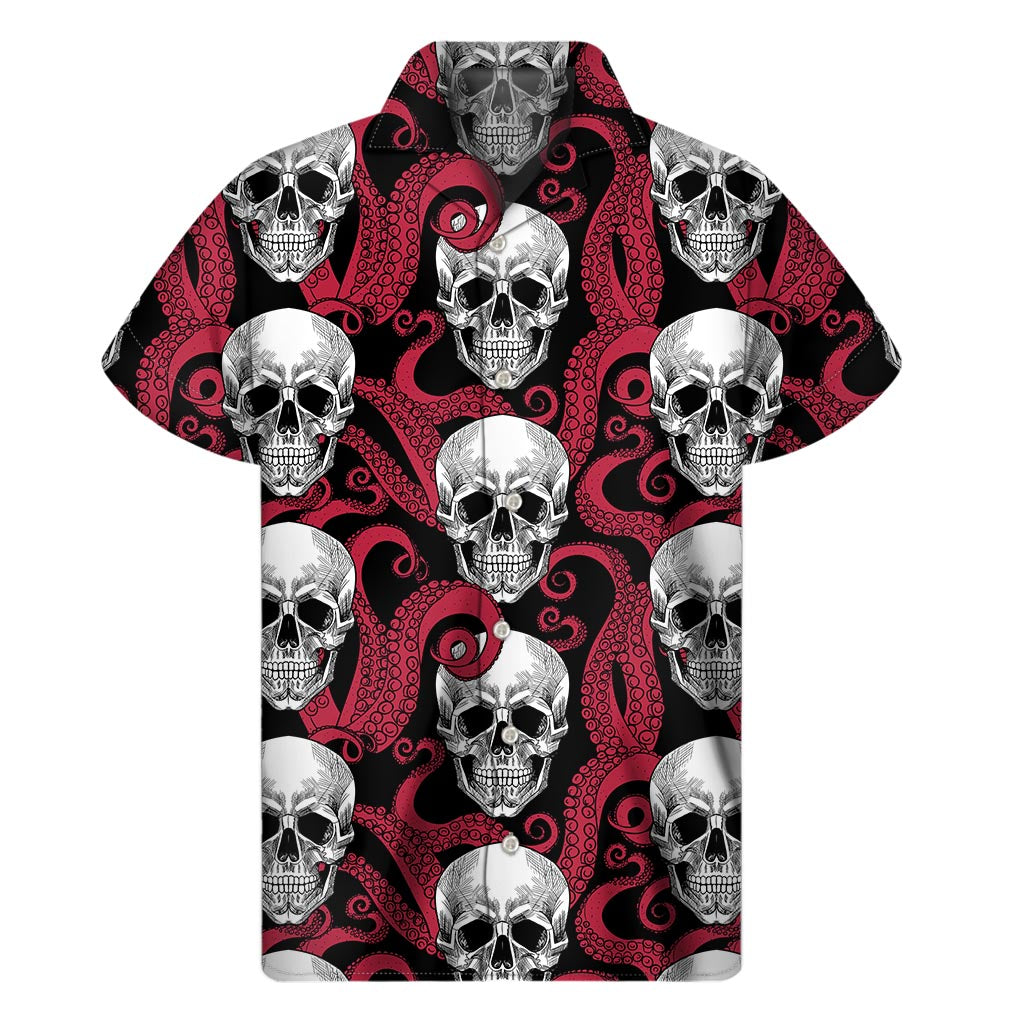 Red Octopus Skull Pattern Print Men's Short Sleeve Shirt