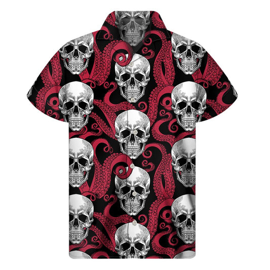 Red Octopus Skull Pattern Print Men's Short Sleeve Shirt