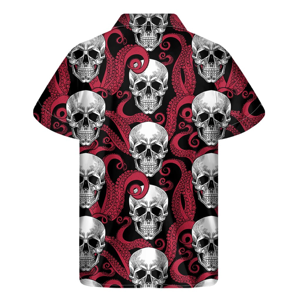 Red Octopus Skull Pattern Print Men's Short Sleeve Shirt
