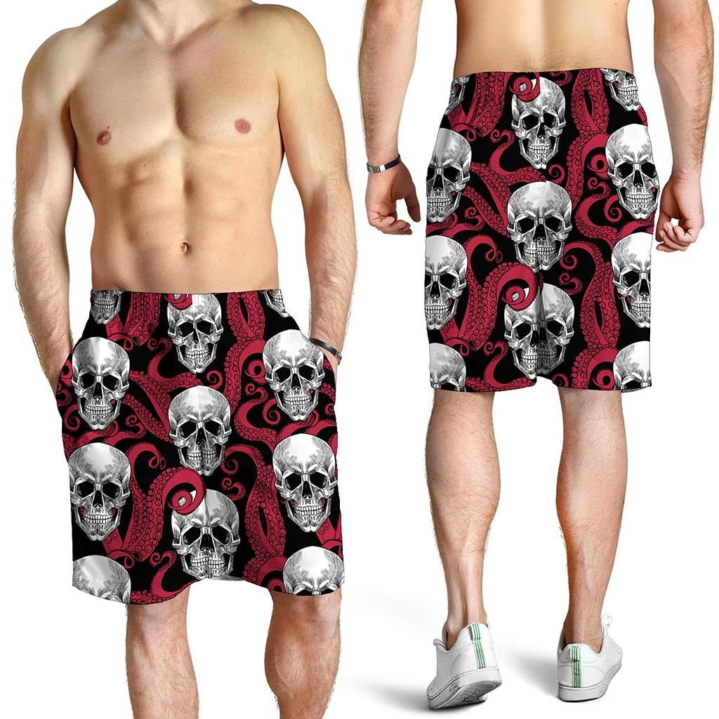 Red Octopus Skull Pattern Print Men's Shorts