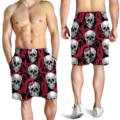 Red Octopus Skull Pattern Print Men's Shorts