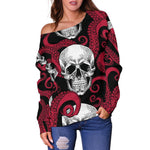 Red Octopus Skull Pattern Print Off Shoulder Sweatshirt GearFrost