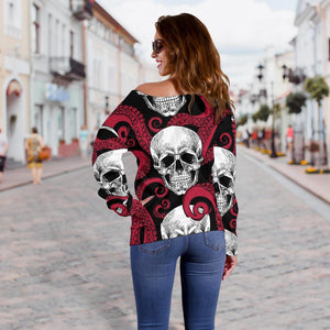 Red Octopus Skull Pattern Print Off Shoulder Sweatshirt GearFrost