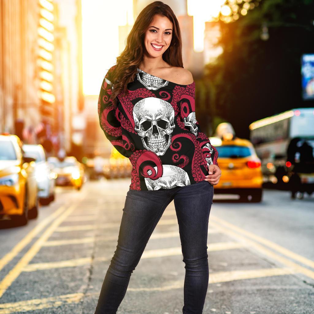 Red Octopus Skull Pattern Print Off Shoulder Sweatshirt GearFrost