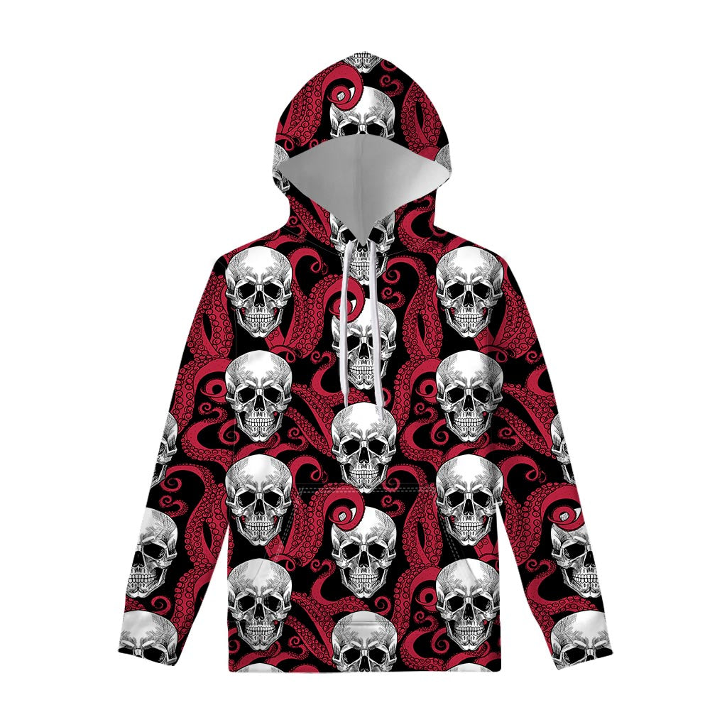 Red Octopus Skull Pattern Print Pullover Hoodie