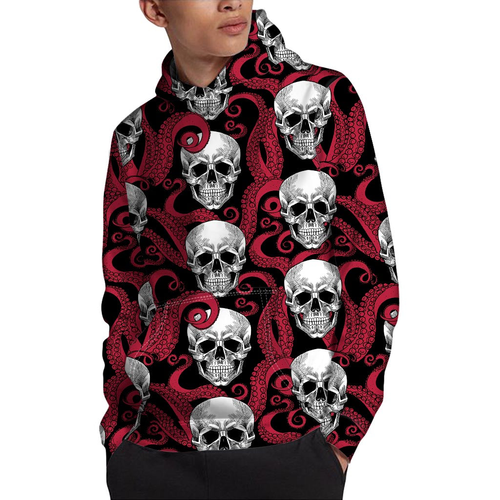 Red Octopus Skull Pattern Print Pullover Hoodie