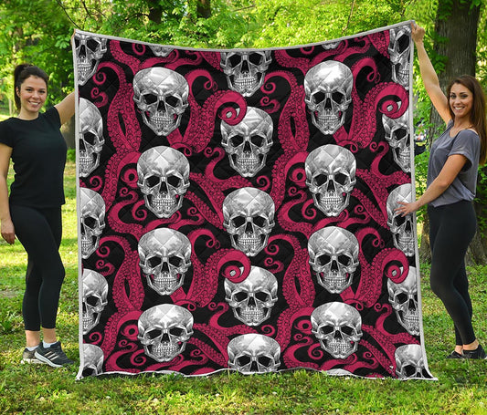 Red Octopus Skull Pattern Print Quilt