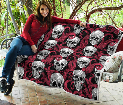 Red Octopus Skull Pattern Print Quilt