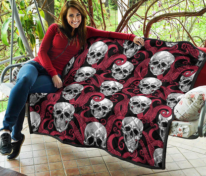 Red Octopus Skull Pattern Print Quilt