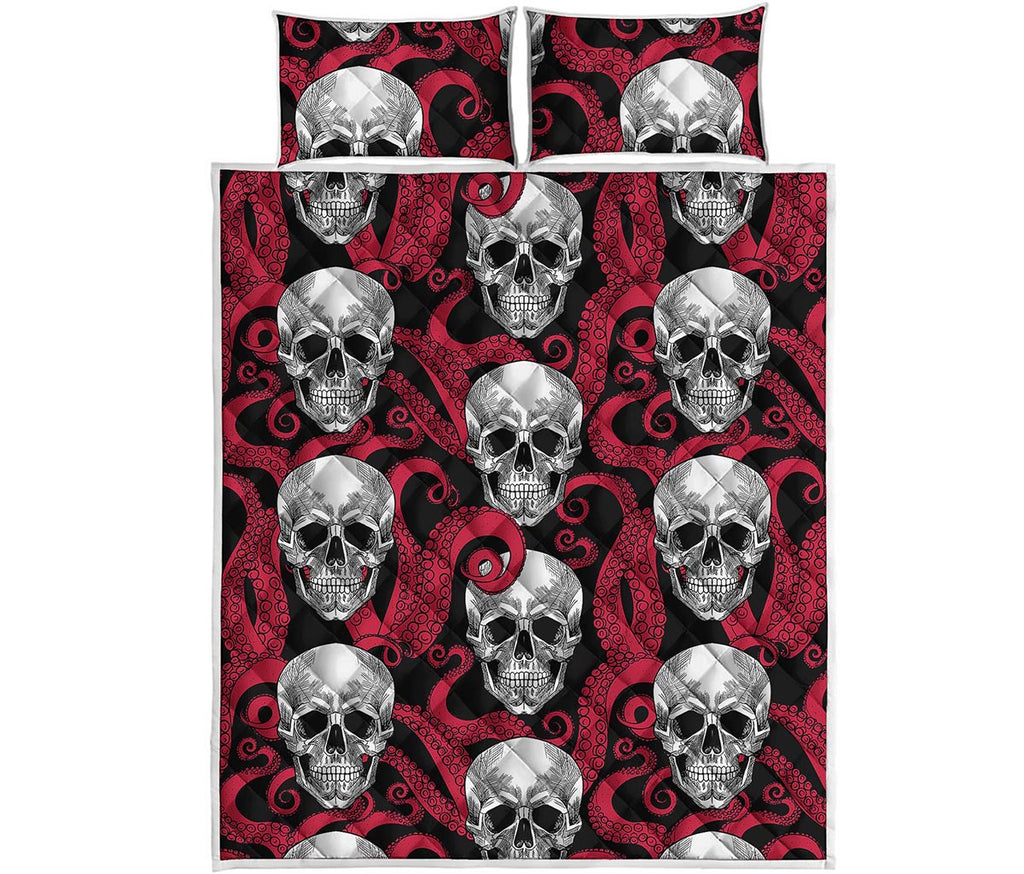 Red Octopus Skull Pattern Print Quilt Bed Set