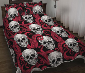 Red Octopus Skull Pattern Print Quilt Bed Set