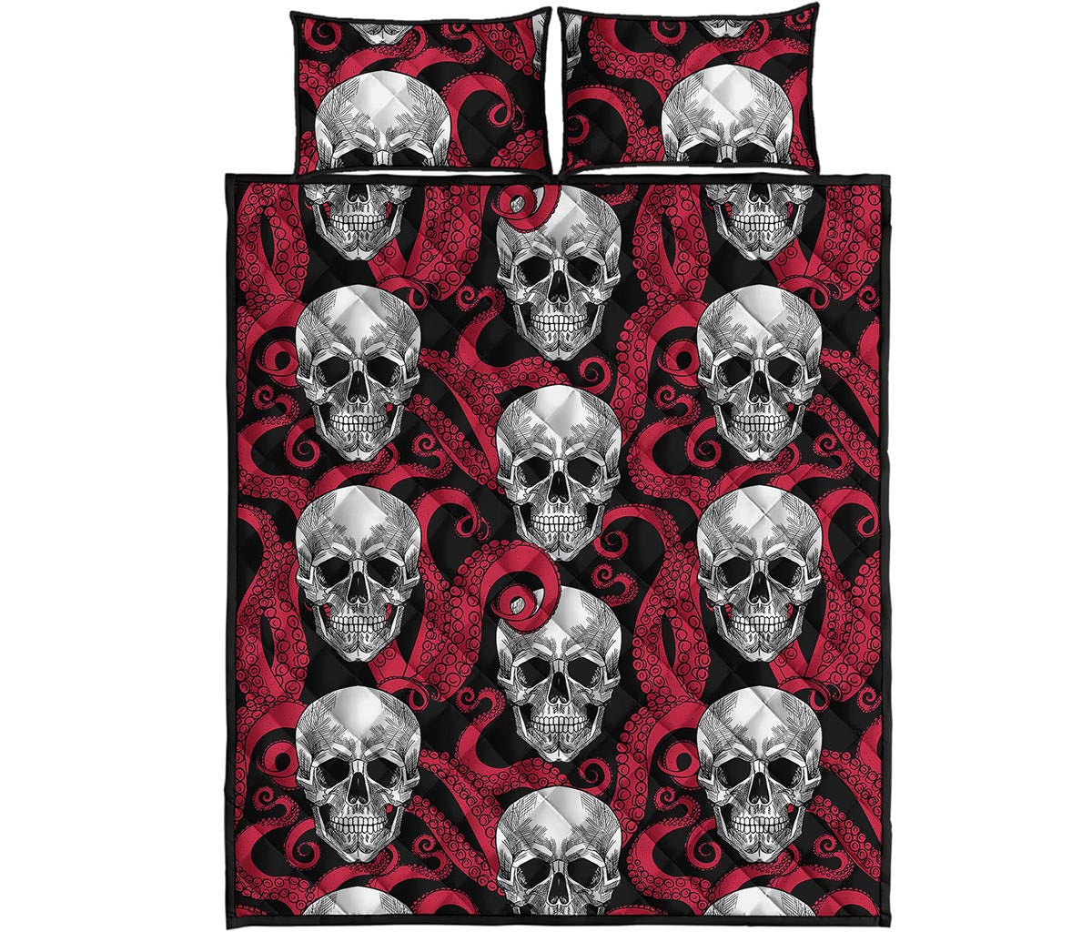 Red Octopus Skull Pattern Print Quilt Bed Set