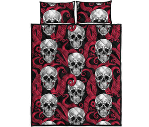 Red Octopus Skull Pattern Print Quilt Bed Set