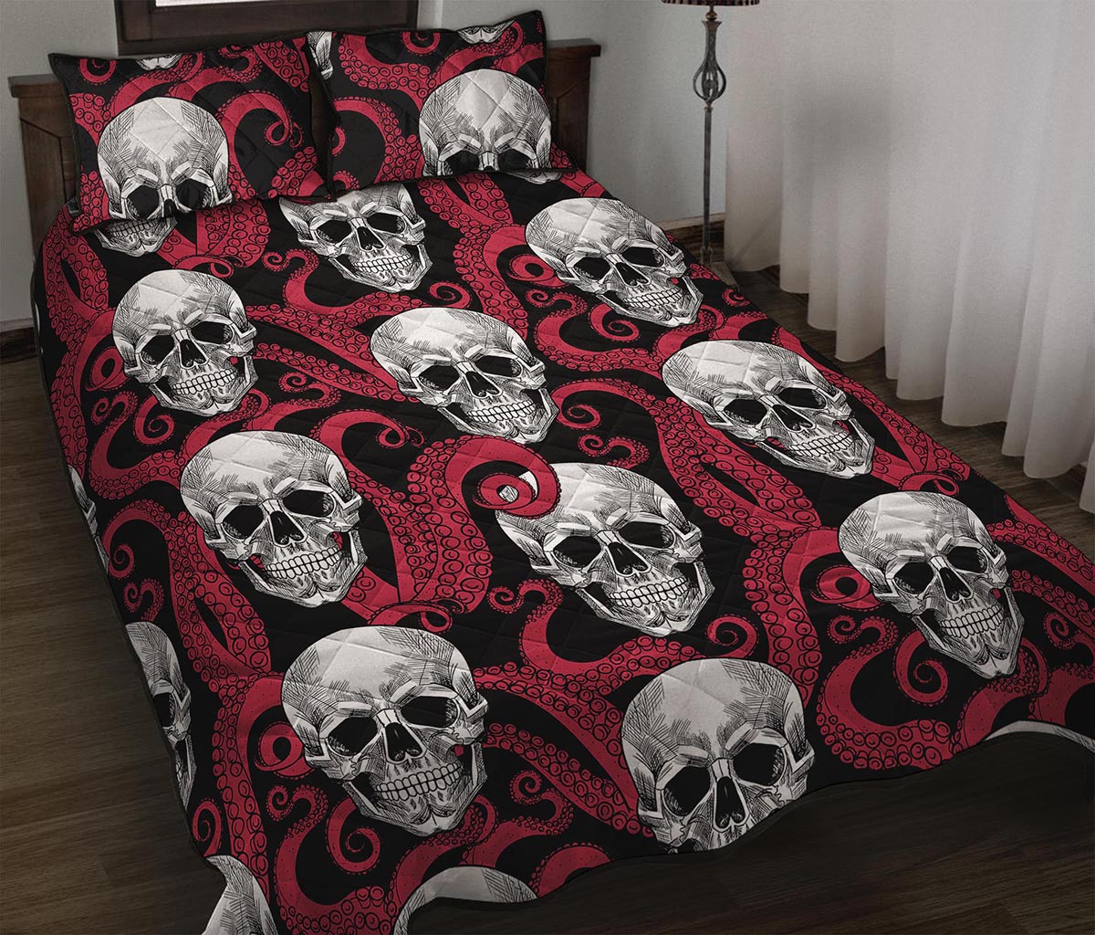 Red Octopus Skull Pattern Print Quilt Bed Set