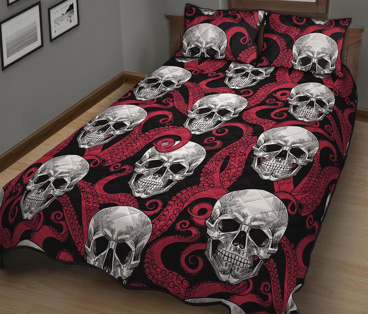 Red Octopus Skull Pattern Print Quilt Bed Set