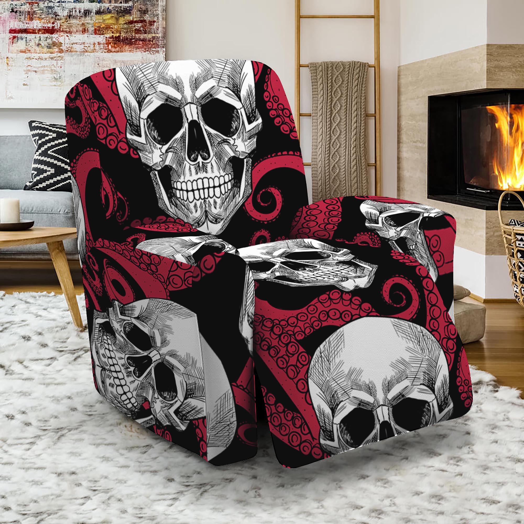 Red Octopus Skull Pattern Print Recliner Slipcover