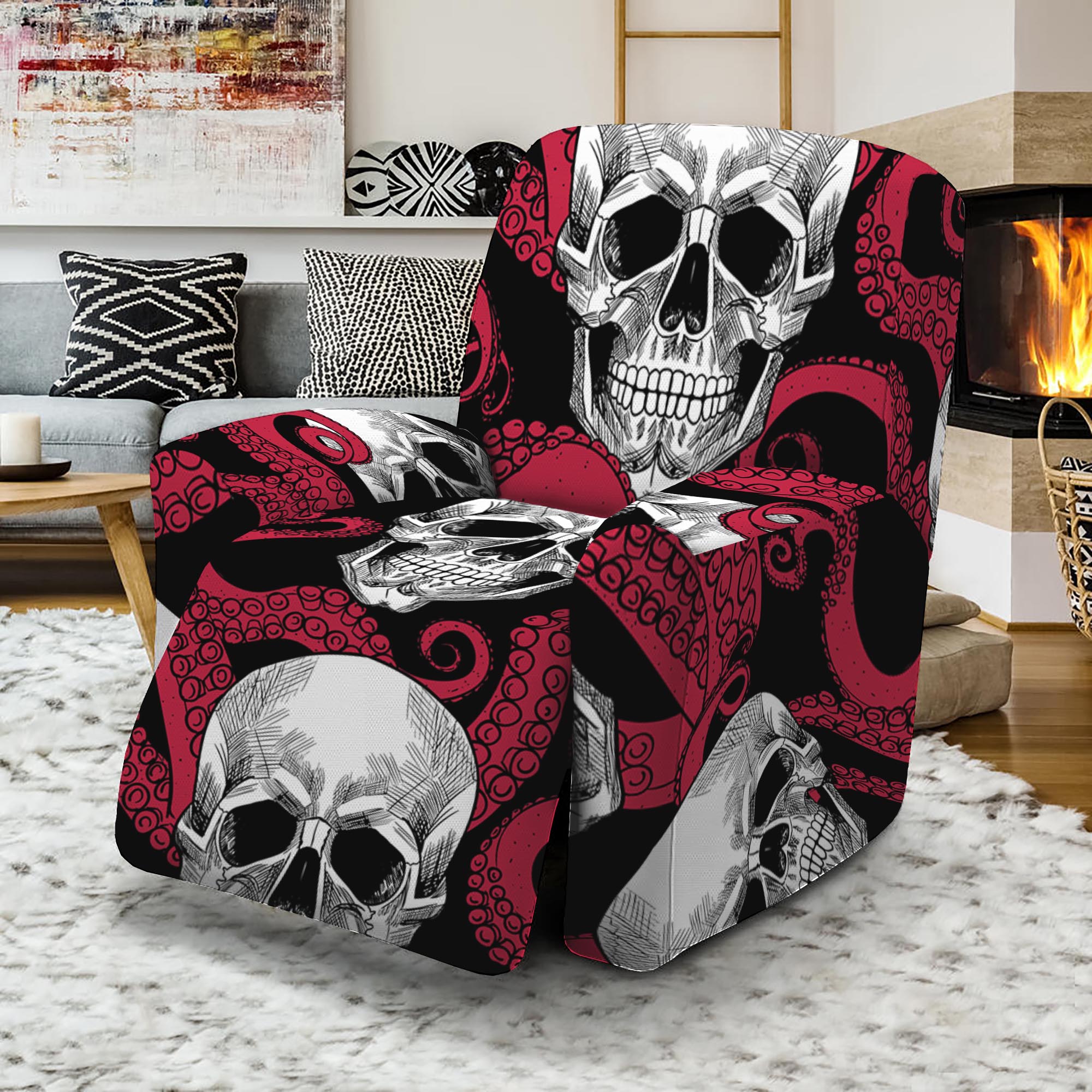 Red Octopus Skull Pattern Print Recliner Slipcover