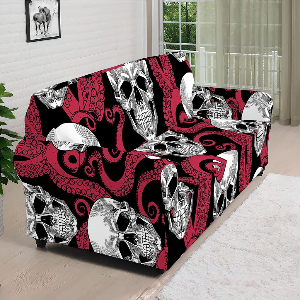 Red Octopus Skull Pattern Print Sofa Cover