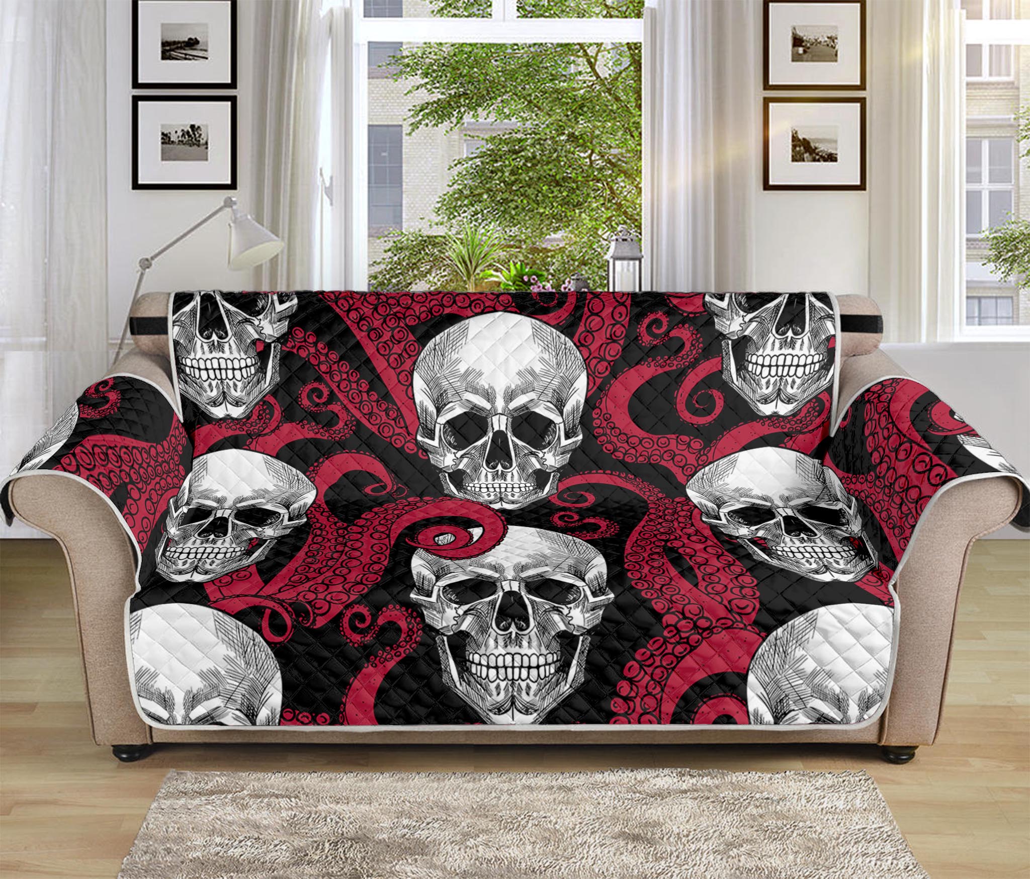 Red Octopus Skull Pattern Print Sofa Protector