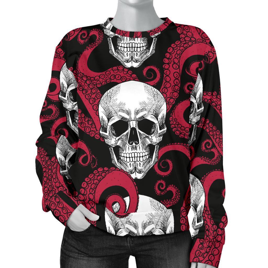 Red Octopus Skull Pattern Print Women's Crewneck Sweatshirt GearFrost