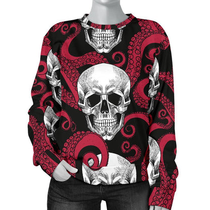 Red Octopus Skull Pattern Print Women's Crewneck Sweatshirt GearFrost