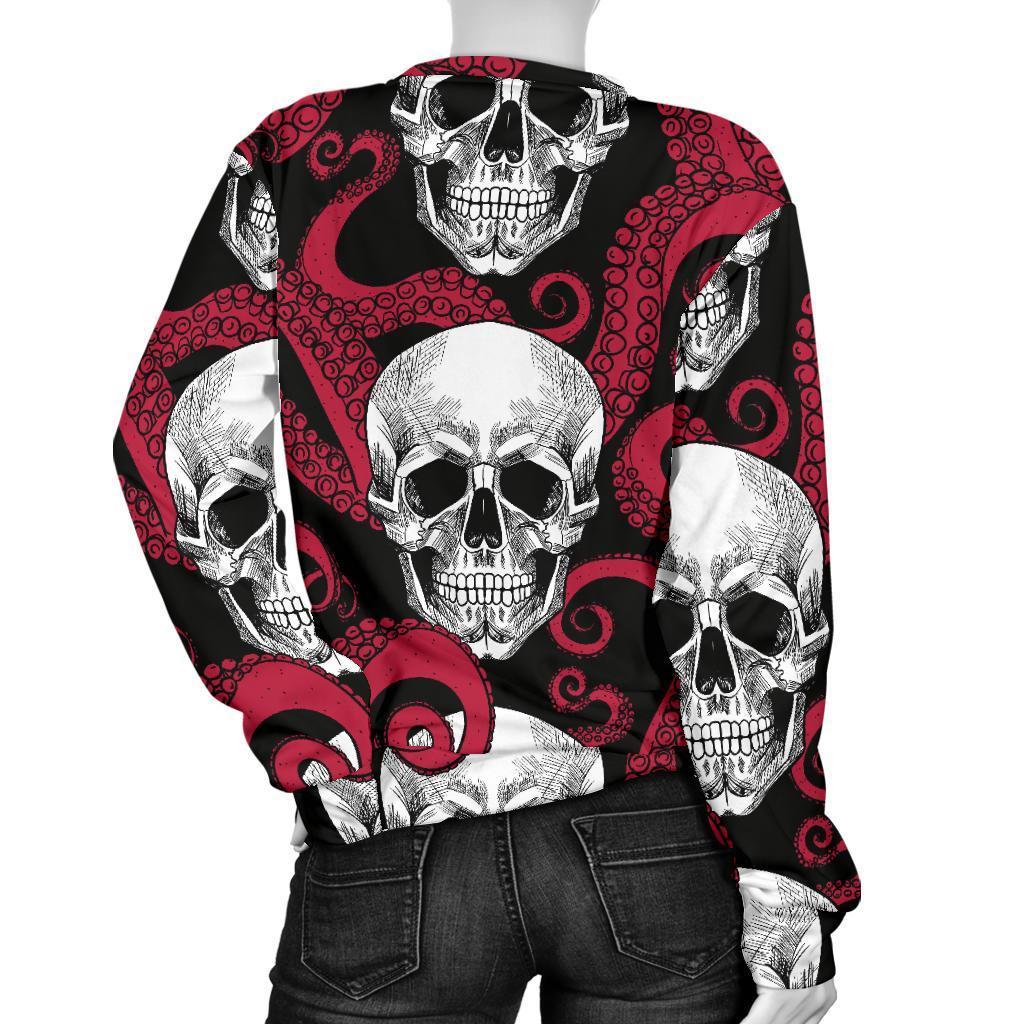 Red Octopus Skull Pattern Print Women's Crewneck Sweatshirt GearFrost