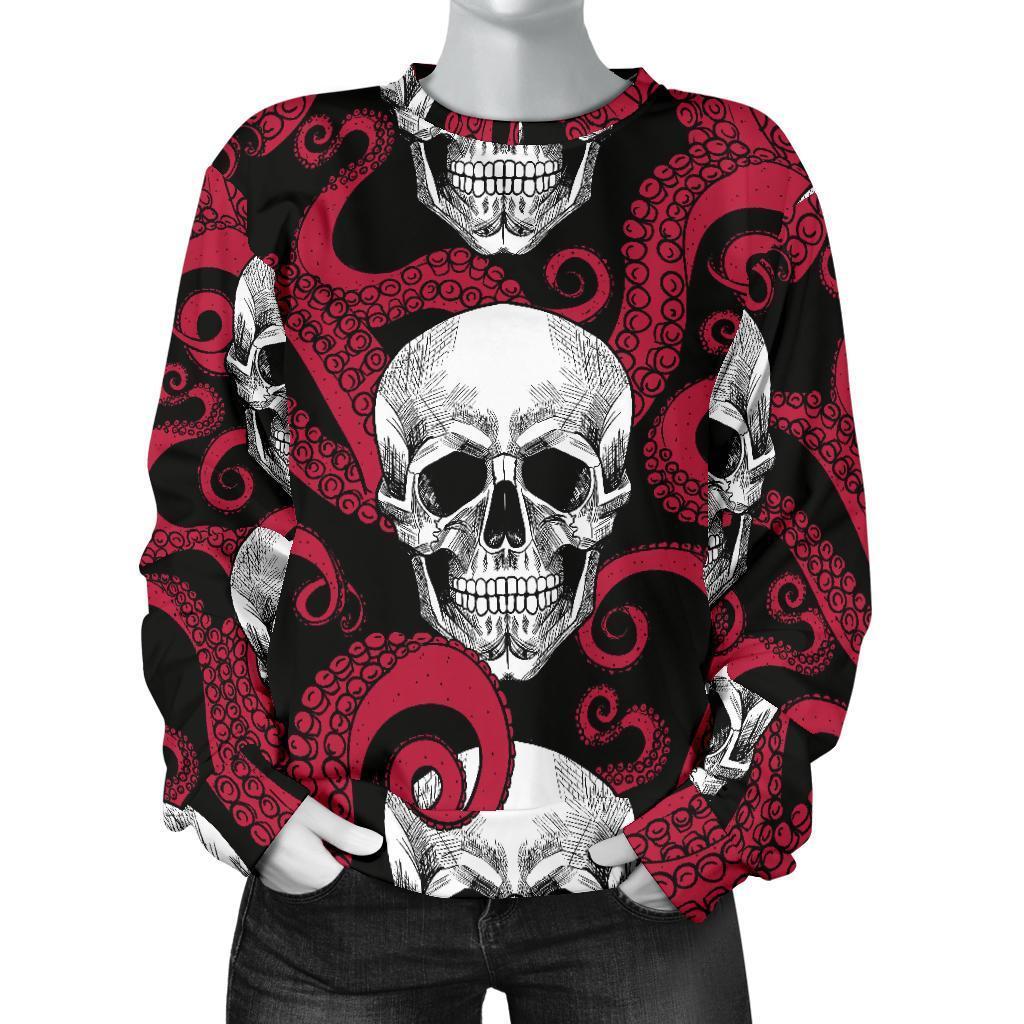 Red Octopus Skull Pattern Print Women's Crewneck Sweatshirt GearFrost