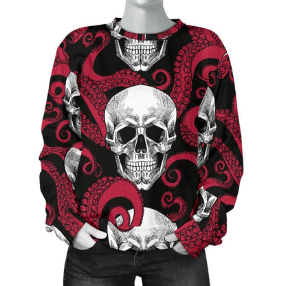 Red Octopus Skull Pattern Print Women's Crewneck Sweatshirt GearFrost