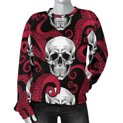 Red Octopus Skull Pattern Print Women's Crewneck Sweatshirt GearFrost