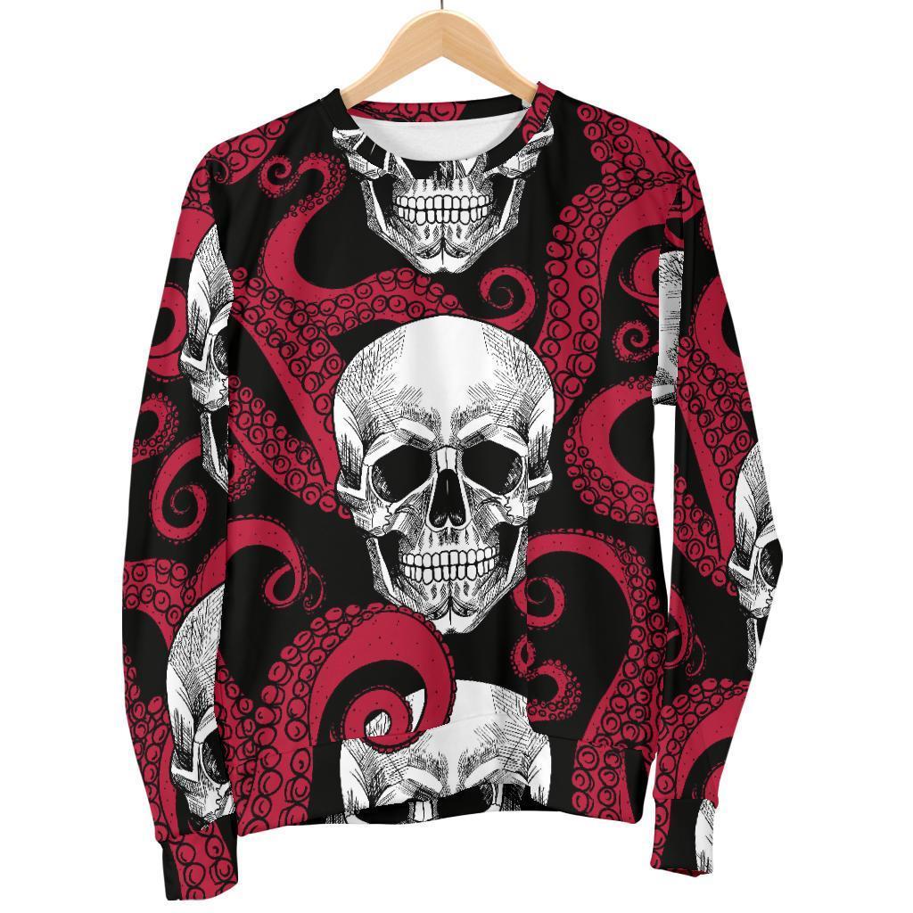 Red Octopus Skull Pattern Print Women's Crewneck Sweatshirt GearFrost