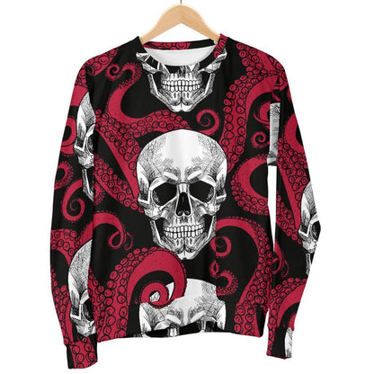 Red Octopus Skull Pattern Print Women's Crewneck Sweatshirt GearFrost