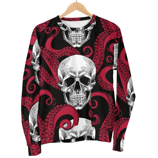Red Octopus Skull Pattern Print Women's Crewneck Sweatshirt GearFrost