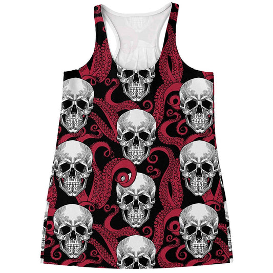 Red Octopus Skull Pattern Print Women's Racerback Tank Top