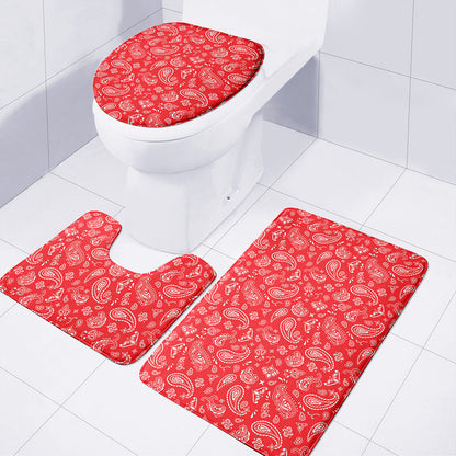 Red Paisley Bandana Pattern Print 3 Piece Bath Mat Set