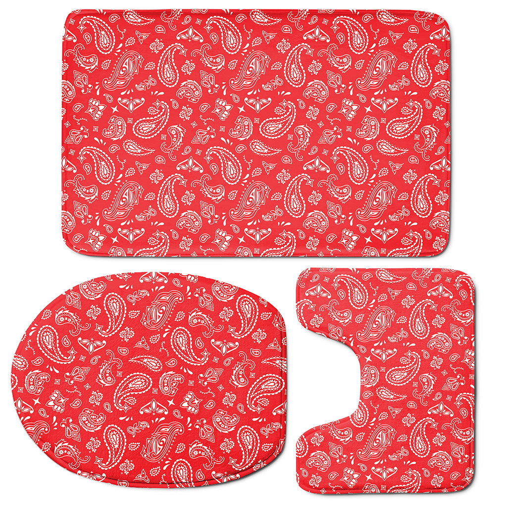 Red Paisley Bandana Pattern Print 3 Piece Bath Mat Set