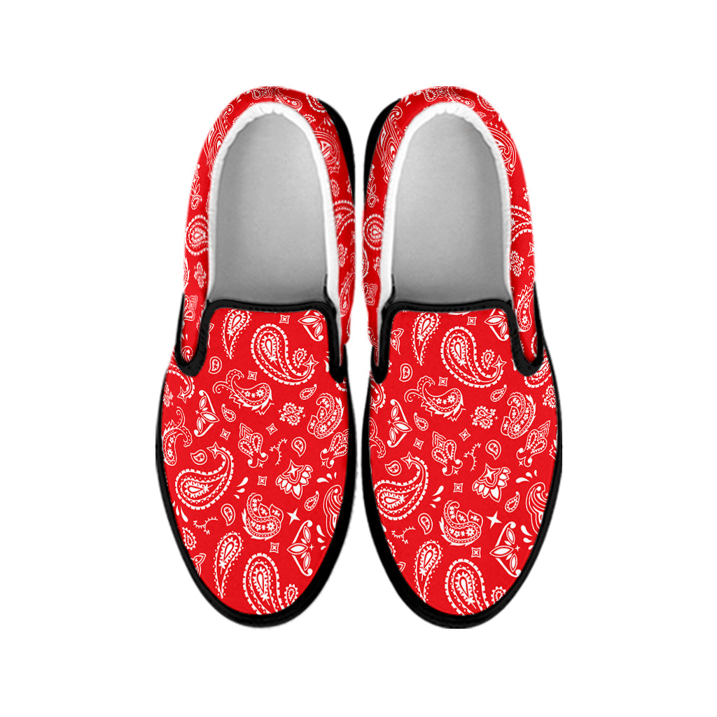 Red Paisley Bandana Pattern Print Black Slip On Shoes