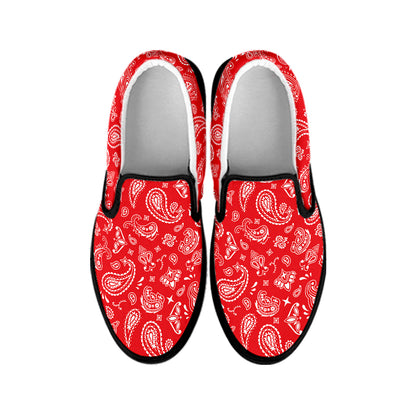 Red Paisley Bandana Pattern Print Black Slip On Shoes