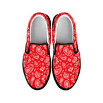 Red Paisley Bandana Pattern Print Black Slip On Shoes