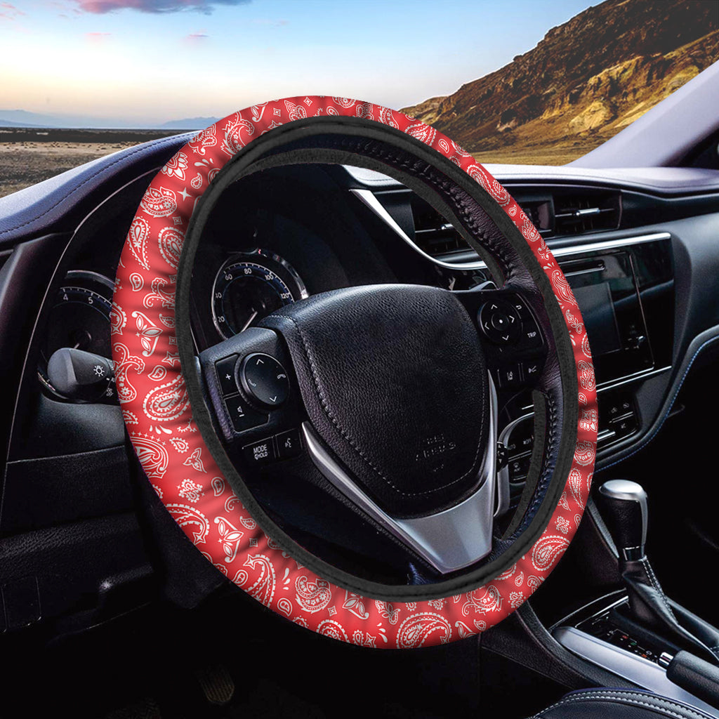 Red Paisley Bandana Pattern Print Car Steering Wheel Cover