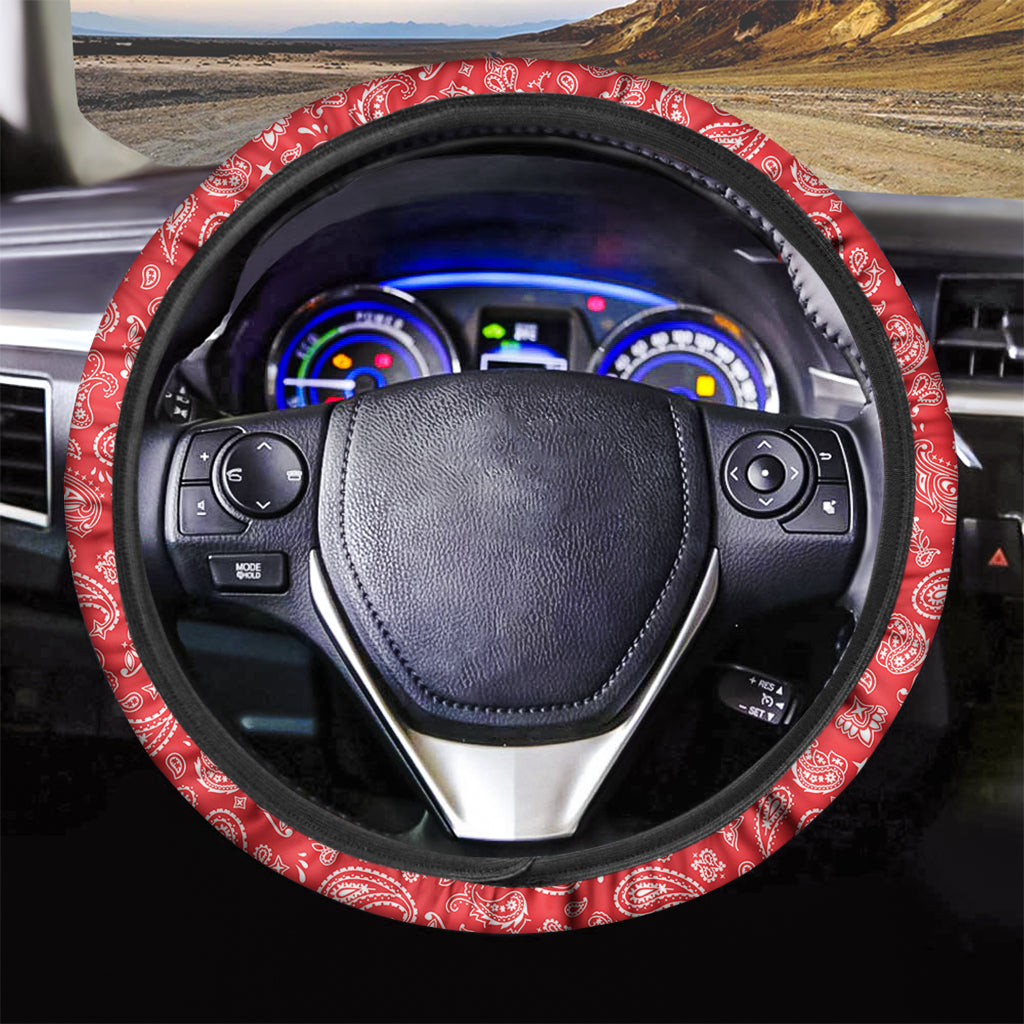 Red Paisley Bandana Pattern Print Car Steering Wheel Cover