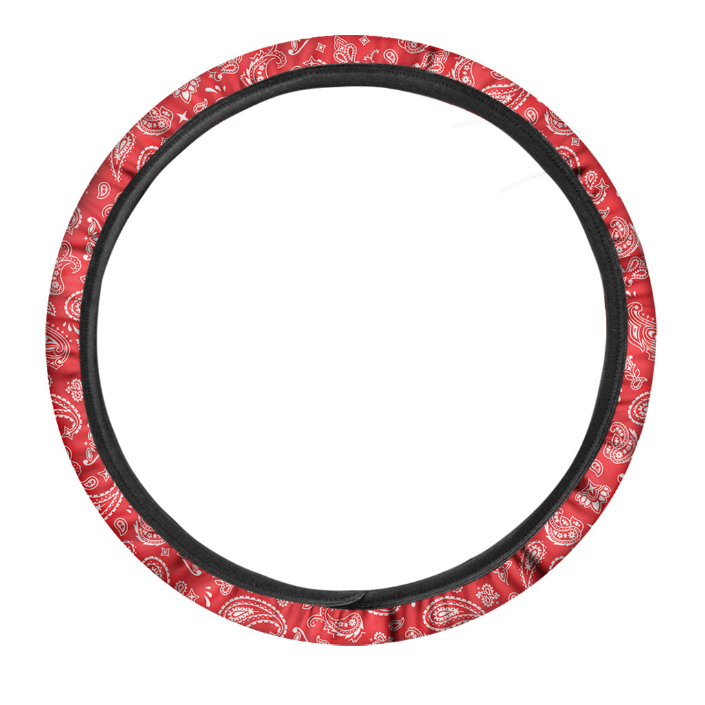 Red Paisley Bandana Pattern Print Car Steering Wheel Cover