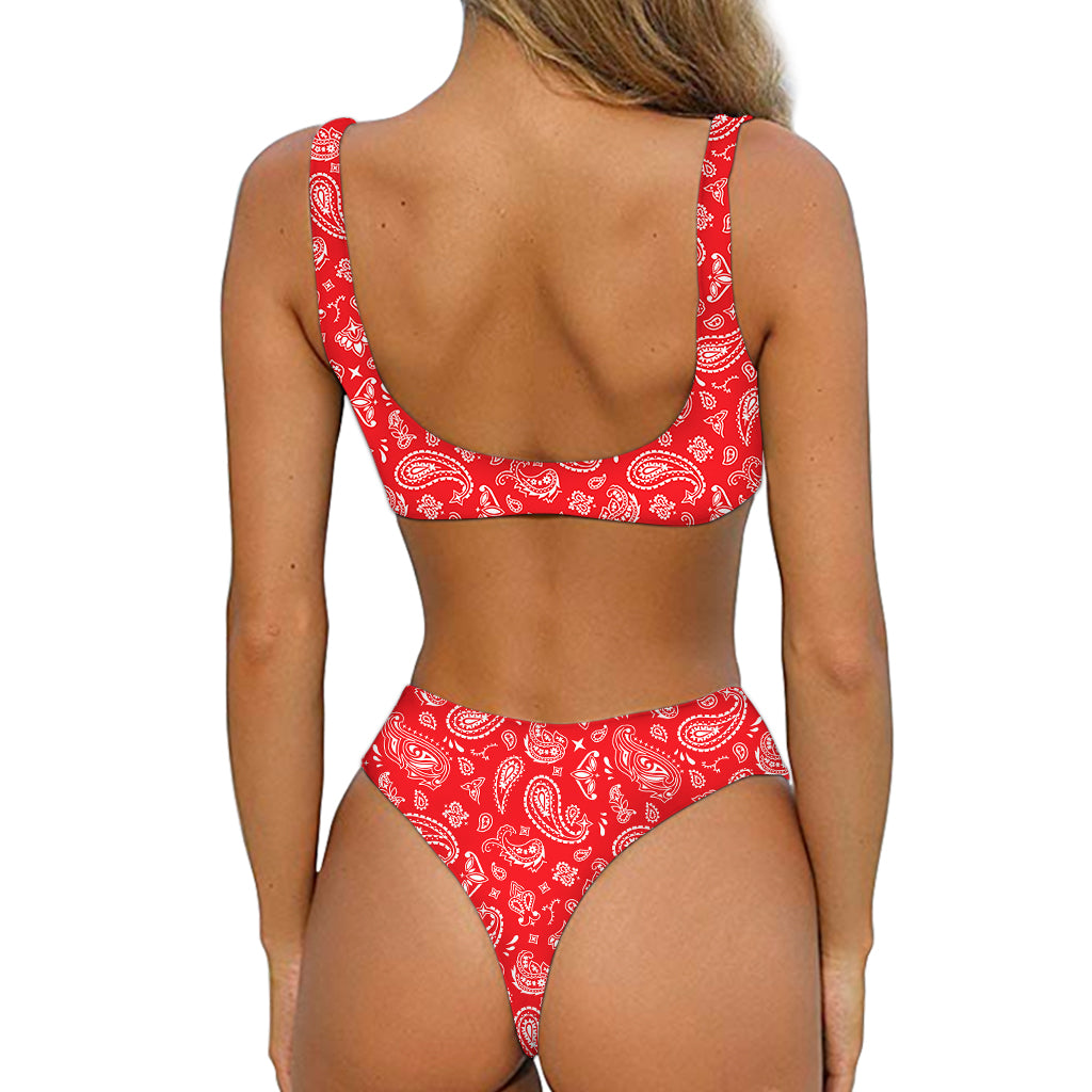 Red Paisley Bandana Pattern Print Front Bow Tie Bikini