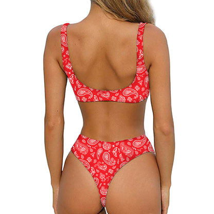 Red Paisley Bandana Pattern Print Front Bow Tie Bikini