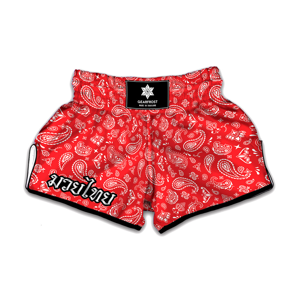 Red Paisley Bandana Pattern Print Muay Thai Boxing Shorts