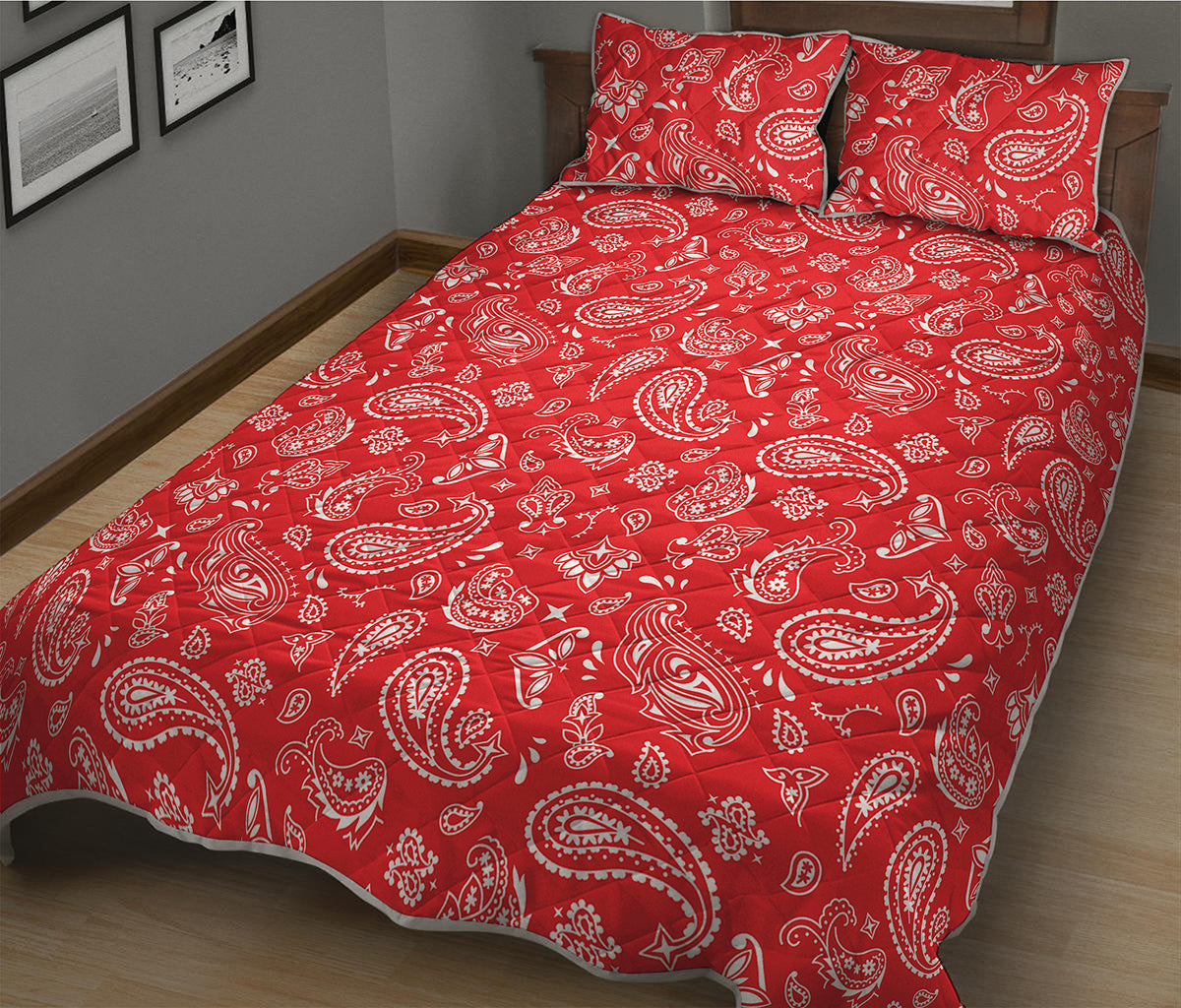 Red Paisley Bandana Pattern Print Quilt Bed Set
