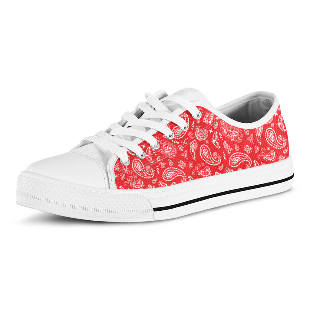 Red Paisley Bandana Pattern Print White Low Top Shoes
