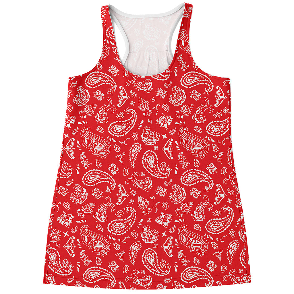 Red Paisley Bandana Pattern Print Women's Racerback Tank Top